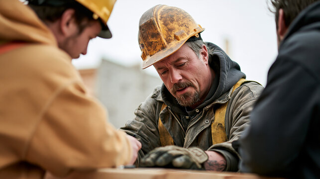 At the instant a training facilitator practices a safety procedure with one other participant, the learner sample anchors their shared work surface and a progress mark identifies