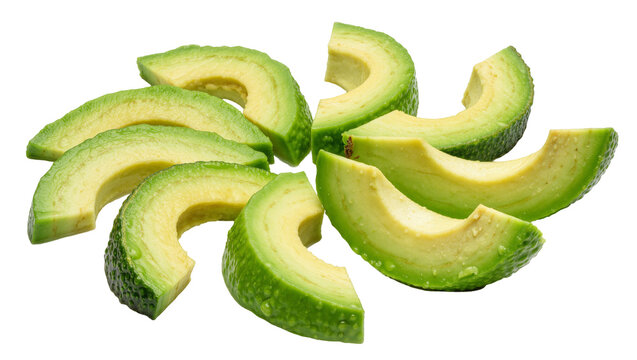 Fresh green avocado slices arranged in a circular pattern, isolated on transparent background