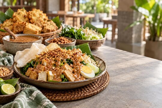 Authentic Indonesian gado gado salad with peanut sauce tofu boiled egg and crackers on table