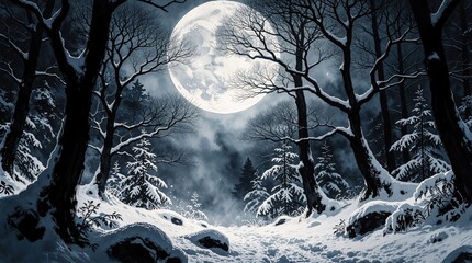 Fototapeta premium Full moon shines over dark winter forest. Snow covers trees, ground in night woods. Cold snowy landscape with frost, moonlight. Peaceful woodland scene at midnight with large glowing moon behind bare