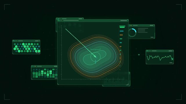 Abstract animated gradient descent path reaching minimum drawn as green and teal lines and shapes on a deep dark background. Seamless looping 4K motion graphics video with free space for text, ideal f