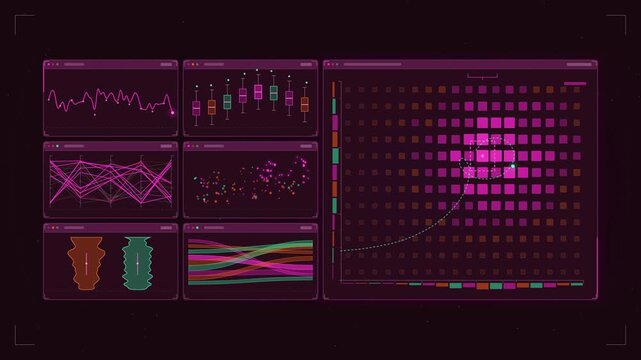 Abstract animated hyperparameter search grid finding optimum drawn as violet and blue lines and shapes on a deep dark background. Seamless looping 4K motion graphics video with free space for text, id