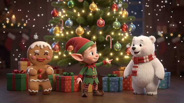Cute Christmas elf standing with gingerbread man and polar bear in front of decorated tree
