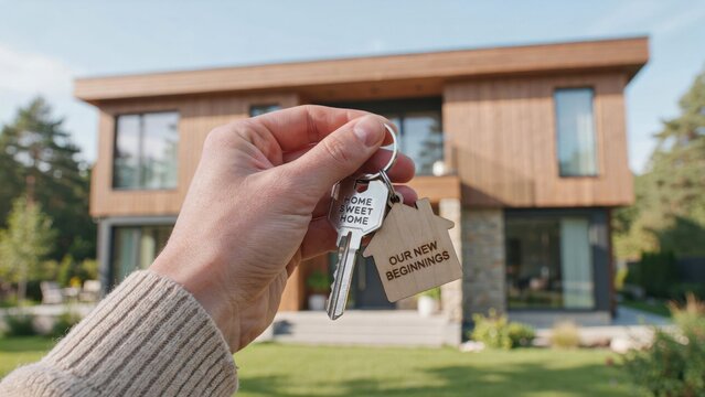 Hand holding house keys with wooden keychain