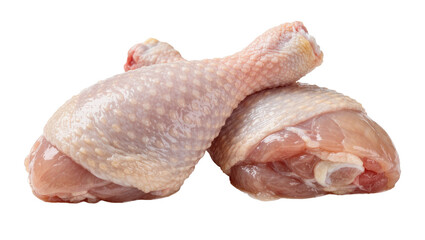 Two raw chicken drumsticks with skin and bone, isolated on transparent background © Elena