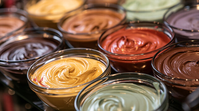 A medium close-up photograph from a three-quarter view presents hair color mixing bowls as a controlled still life on the salon verification surface. Their corrected arrangement