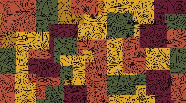 モノラインと秋色カラーブロックで構成されたウィッチハットの抽象平面