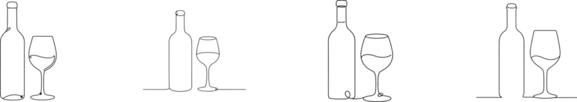 Wine bottle and glass line art vector icons for elegant dining, winery menus, bars, restaurants, and more.