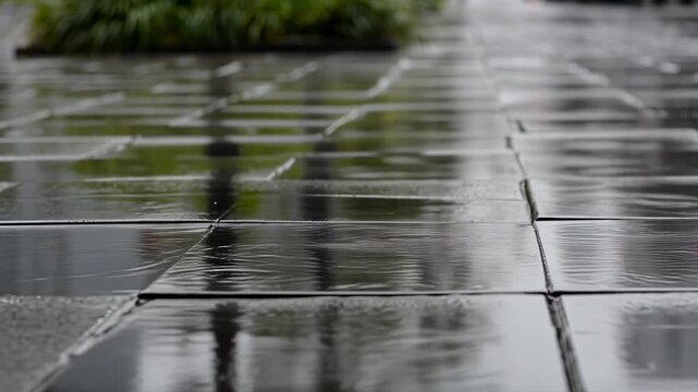 Nature - Close up of rain falling on wet stone pavement creating ripples and reflections in a rainy day