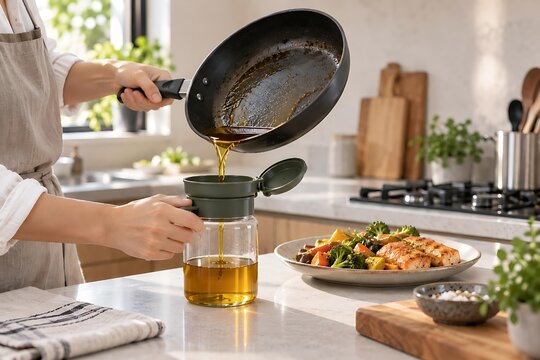 Professional chef pouring used cooking oil into a glass storage jar with a filter in kitchen