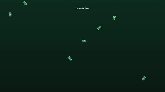 Minimalist animation of green money icons falling on a dark background with the text Capital Inflow at the top. Stylized currency banknotes symbolize financial growth and investment.