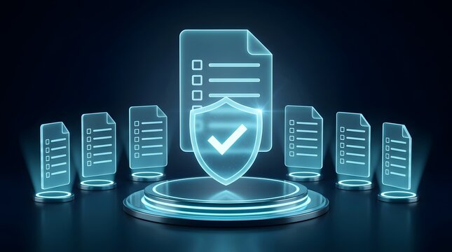 Digital security shield with checklist icons on dark background