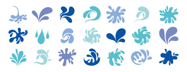 Fototapeta premium Blue watercolor doodle drops and splashes with fluid shapes hand drawn