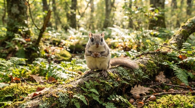 Cute chipmunk sitting on mossy forest floor in warm sunlight, woodland wildlife photo with green ferns, tree roots, soft bokeh, fluffy tail, curious pose and peaceful nature background artwork!!!!!!!!