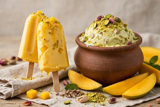 Mango pistachio kulfi matka ice cream with mango slices