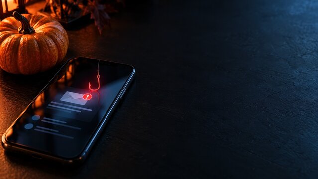 Smartphone showing phishing alert beside Halloween pumpkin with copy space, online scam concept for cybersecurity advertising