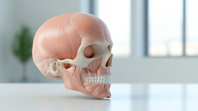 Detailed illustration of human facial muscles with clear structures and soft shadows against a neutral backdrop