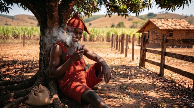 Magical trickster Saci Perer&ecirc; from Brazilian folklore resting in the countryside