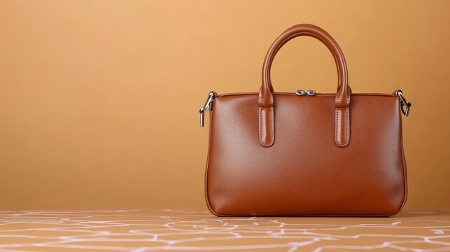 Elegant brown leather handbag with sunglasses and a stylish watch against a beige background, highlighting luxury fashion and accessories