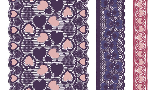 Three lace trims covered in heart patterns