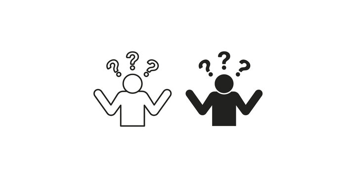 Person with question marks above head, confusion or thinking concept.