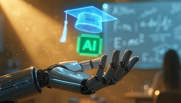 Robotic hand holding a glowing holographic graduation cap and AI microchip