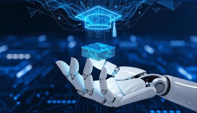 Robotic hand holding a glowing digital graduation cap and microchip icon