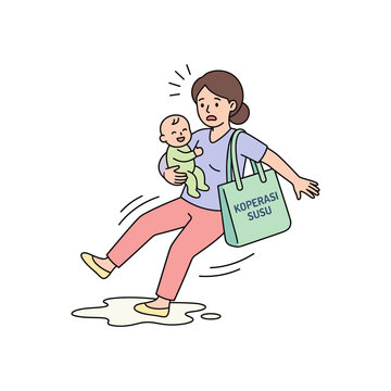 Mother slips with baby, worried expression, shopping bag