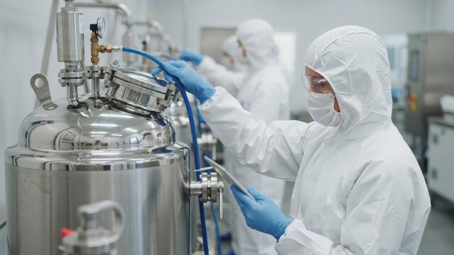Scientist working with industrial chemical reactor
