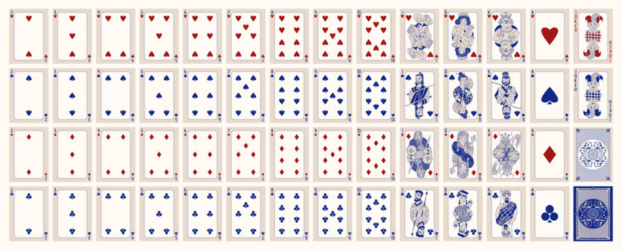 Vintage engraved vector playing card deck with ornate suits, joker, decorative backs, and historical figures. Classic poker design for gaming, print, packaging, branding, and commercial artwork ideas