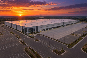 Obraz premium Aerial view of a large logistics warehouse with loading docks and a vast parking lot under a vibrant sunset sky.