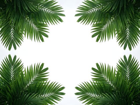 Natural green palm leaves framing a white space tropical foliage border on white background