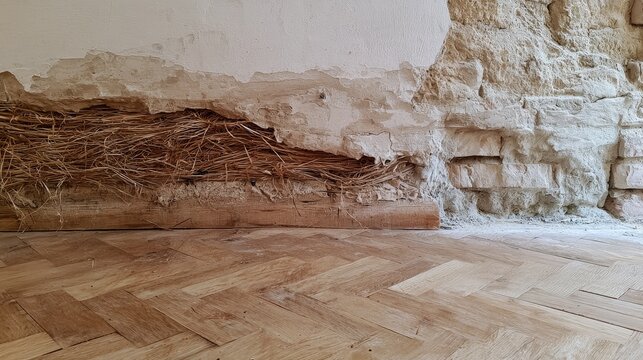 Old damaged herringbone parquet and historic wall with exposed straw, nailed wood and broken plaster, showing architectural deterioration, restoration needs, aging materials and heritage preservation
