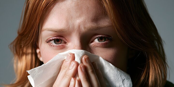 Redheaded woman suffering from severe seasonal allergies holds a white tissue to her nose while experiencing painful sinus congestion discomfort