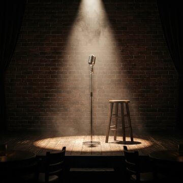 Empty Stage with Vintage Microphone and Wooden Stool in Bright Spotlight
