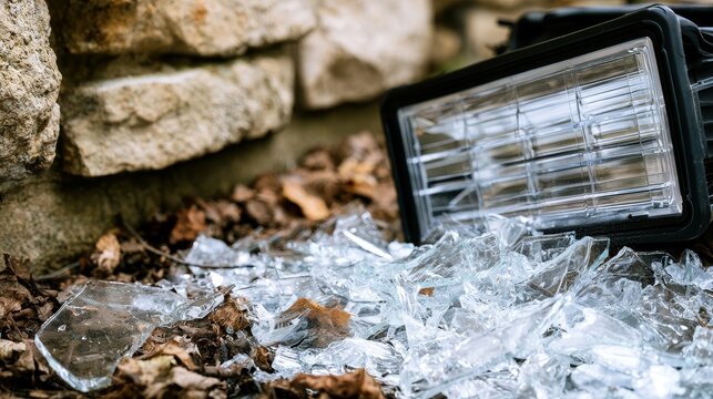 Broken LED floodlight with shattered safety glass scattered on the ground beside a stone wall, illustrating vandalism, property damage, electrical equipment failure, maintenance and safety hazards