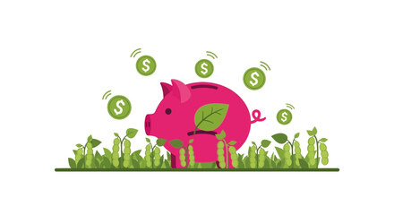 Obraz premium Green Investment Concept: Pink Piggy Bank with Money and Plants