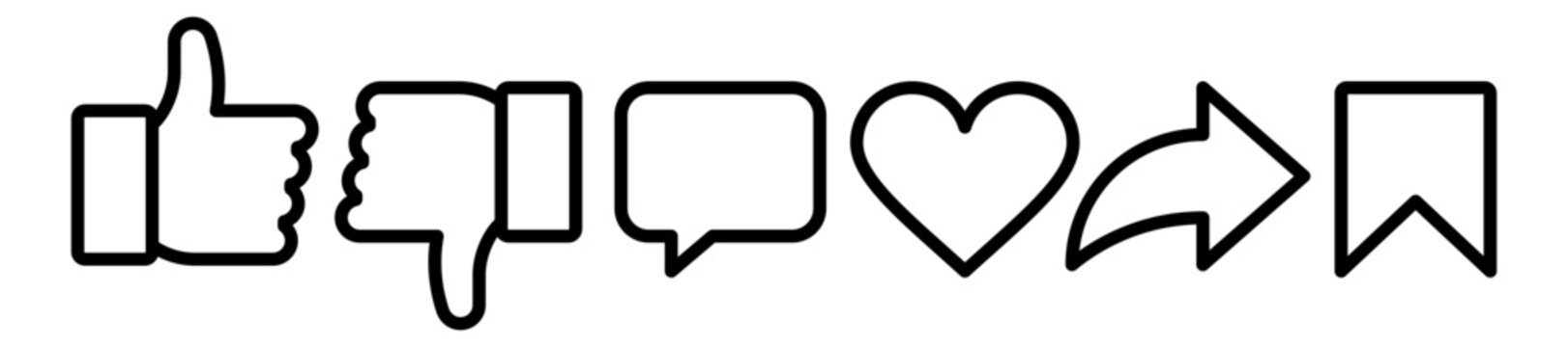 Like, dislike, comment, love, share and  save icons. Thumbs up, down, heart, send arrow and chat bubble symbol.