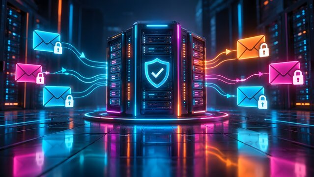 3D rendering of a secure data center server routing encrypted email messages with padlock icons representing cyber protection