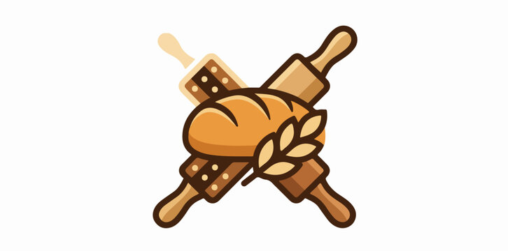 Boutique bakery logo vector design featuring fresh bread loaf with wheat and crossed rolling pins
