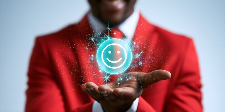 Professional businessman in vibrant red suit holding glowing blue digital smiley face icon representing positive customer service and satisfaction feedback