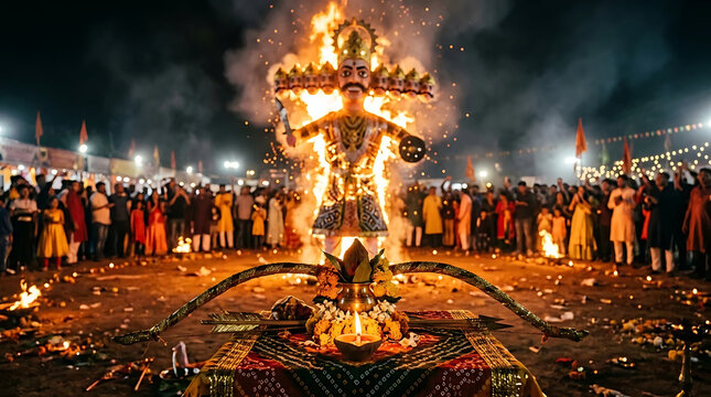 Burning of Ravana effigy during Dussehra festival celebration at night with traditional ritual altar and bow in foreground symbolizing victory of good over evil