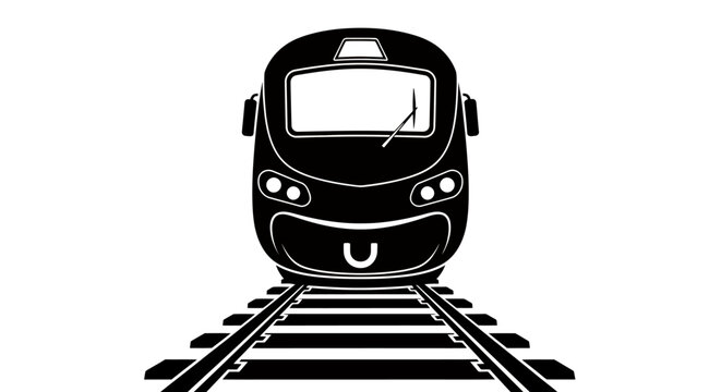 Silhouette of a passenger locomotive approaching on railway tracks in a monochrome illustration.