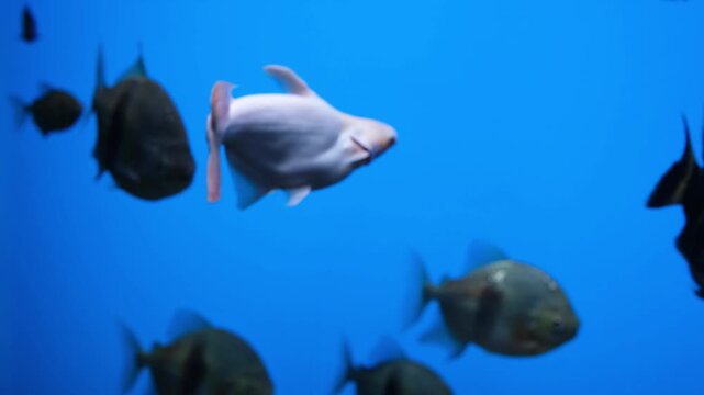 Albino pangasius catfish glides across blue aquarium water, pale body standing out while other fish drift nearby in lively underwater display, showing streamlined form and smooth fins