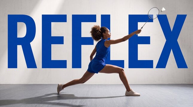 Badmintonspielerin trifft Federball im Ausfallschritt vor Reflex