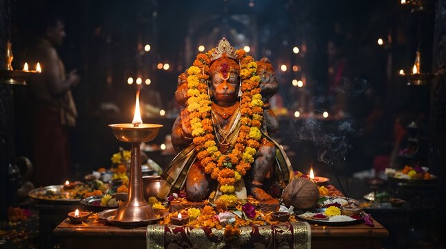 
Beautiful Lord Hanuman stone idol decorated with orange sindoor and yellow marigold flower garland, glowing brass diya lamp burning in front, coconut 