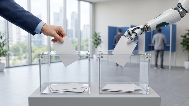 Future of democracy showcasing human and robot hands inserting paper ballots into transparent voting boxes at polling station