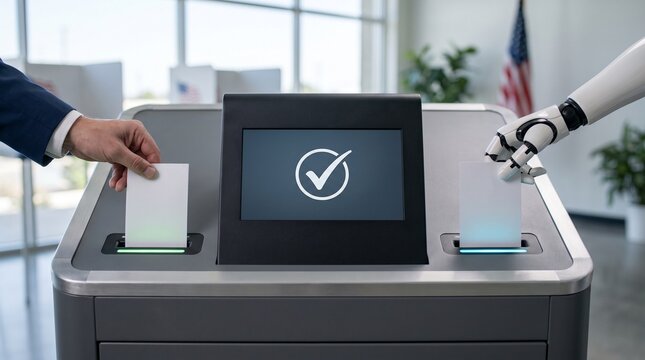 Electronic voting machine concept featuring human and robot hands inserting ballots representing artificial intelligence in future elections