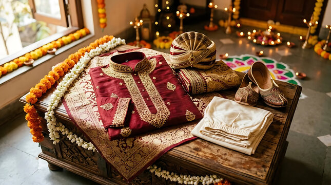 Traditional Indian groom wedding attire featuring maroon embroidered sherwani, turban, and mojari shoes on a wooden chest with festive marigold and diya decorations.