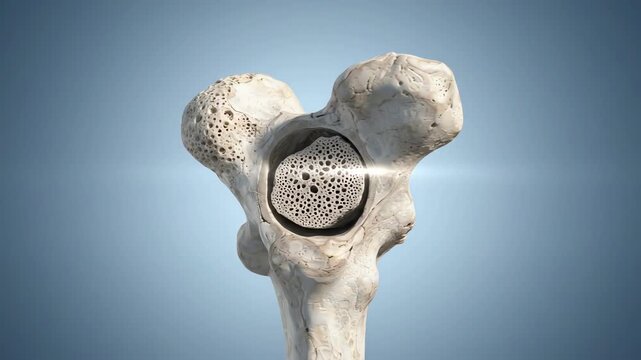 Vertebra showing reduced internal bone density and porous trabecular structure associated with osteoporosis